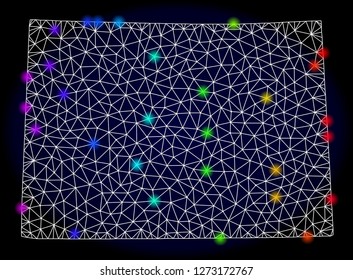 Mesh vector map of Colorado State with glare effect. Light spots have bright rainbow colors. Abstract lines, triangles, light spots and points on a dark background with map of Colorado State.