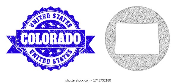 Mesh vector map of Colorado State with grunge seal. Triangle mesh map of Colorado State is a hole in a round shape. Blue rosette scratched seal stamp with ribbon.