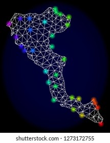 Mesh vector map of Corfu Island with glare effect. Light spots have bright rainbow colors. Abstract lines, triangles, light spots and points on a dark background with map of Corfu Island.