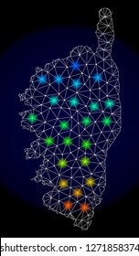 Mesh vector map of Corsica with glare effect. Light spots have bright spectrum colors. Abstract lines, triangles, light spots and points on a dark background with map of Corsica.