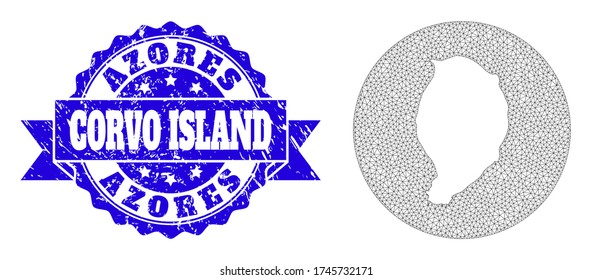 Mesh vector map of Corvo Island with scratched seal. Triangular mesh map of Corvo Island is a hole in a round shape. Blue round scratched seal with ribbon.