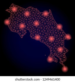 Mesh vector map of Costa Rica with glare effect. Red abstract lines, light spots and points on a dark background with map of Costa Rica.