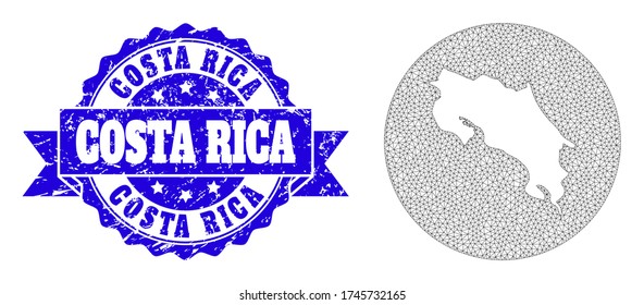 Mesh vector map of Costa Rica with scratched watermark. Triangular mesh map of Costa Rica is inverted in a circle. Blue round scratched stamp with ribbon.