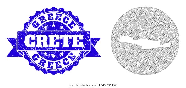 Mesh vector map of Crete Island with scratched watermark. Triangle mesh map of Crete Island is cut out from a round shape. Blue round distress watermark with ribbon.