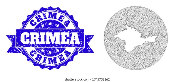 Mesh vector map of Crimea with scratched seal. Triangle mesh map of Crimea is subtracted from a round shape. Blue round scratched stamp with ribbon.