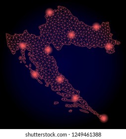 Mesh vector map of Croatia with glare effect. Red abstract lines, light spots and points on a dark background with map of Croatia.