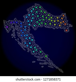 Mesh vector map of Croatia with glare effect. Light spots have bright spectrum colors. Abstract lines, triangles, light spots and points on a dark background with map of Croatia.