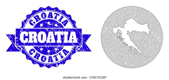 Mesh vector map of Croatia with grunge stamp. Triangle mesh map of Croatia is carved in a circle. Blue round grunge stamp with ribbon.