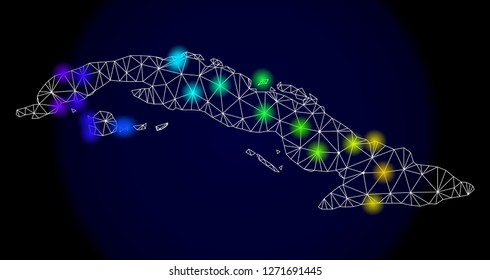 Mesh vector map of Cuba Island with glare effect. Light spots have bright spectrum colors. Abstract lines, triangles, light spots and points on a dark background with map of Cuba Island.