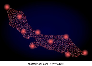 Mesh vector map of Curacao Island with glare effect. Red abstract lines, light spots and points on a dark background with map of Curacao Island.