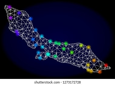 Mesh vector map of Curacao Island with glare effect. Light spots have bright rainbow colors. Abstract lines, triangles, light spots and points on a dark background with map of Curacao Island.