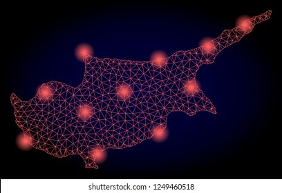 Mesh vector map of Cyprus Island with glare effect. Red abstract lines, light spots and points on a dark background with map of Cyprus Island.