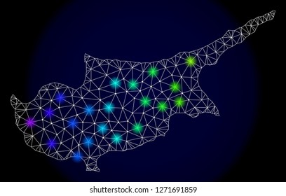 Mesh vector map of Cyprus Island with glare effect. Light spots have bright spectrum colors. Abstract lines, triangles, light spots and points on a dark background with map of Cyprus Island.
