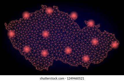 Mesh vector map of Czech Republic with glare effect. Red abstract lines, light spots and points on a dark background with map of Czech Republic.