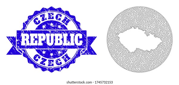 Mesh vector map of Czech Republic with grunge watermark. Triangular mesh map of Czech Republic is carved in a circle. Blue rosette grunge watermark with ribbon.
