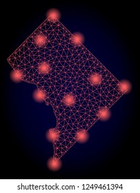 Mesh vector map of District Columbia with glare effect. Red abstract lines, light spots and points on a dark background with map of District Columbia.