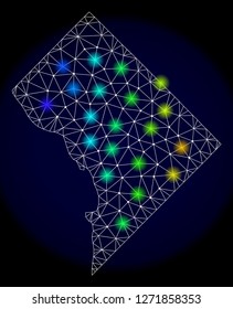Mesh vector map of District Columbia with glare effect. Light spots have bright spectrum colors. Abstract lines, triangles, light spots and points on a dark background with map of District Columbia.