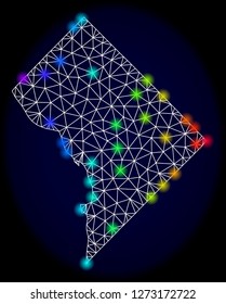 Mesh vector map of District Columbia with glare effect. Light spots have bright rainbow colors. Abstract lines, triangles, light spots and points on a dark background with map of District Columbia.