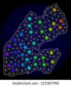 Mesh vector map of Djibouti with glare effect. Light spots have bright spectrum colors. Abstract lines, triangles, light spots and points on a dark background with map of Djibouti.