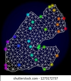 Mesh vector map of Djibouti with glare effect. Light spots have bright rainbow colors. Abstract lines, triangles, light spots and points on a dark background with map of Djibouti.