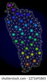 Mesh vector map of Dominica Island with glare effect. Light spots have bright spectrum colors. Abstract lines, triangles, light spots and points on a dark background with map of Dominica Island.