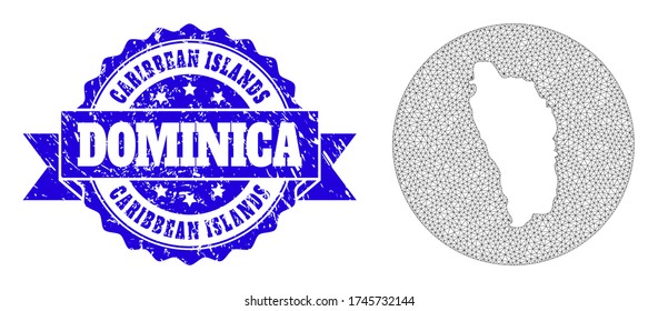 Mapa vectorial de malla de la isla de Dominica con sello de foca grunge. El mapa de redes triangulares de la isla de Dominica es un agujero en forma redonda. Sello de sello de sellado de grano redondeado azul con cinta.
