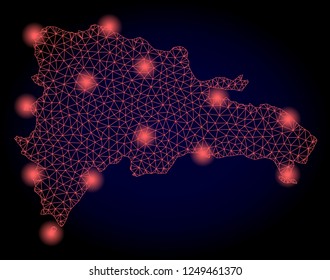 Mesh vector map of Dominican Republic with glare effect. Red abstract lines, light spots and points on a dark background with map of Dominican Republic.