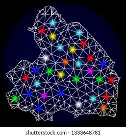 Mesh vector map of Drenthe Province with glow effect on a dark background. Abstract lines, triangles, light colorful spots and points forms map of Drenthe Province.