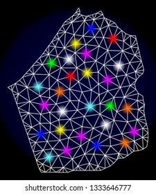 Mesh vector map of Dubai Emirate with glare effect on a dark background. Abstract lines, triangles, light colorful spots and points forms map of Dubai Emirate.
