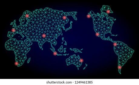 Mesh vector map of Earth with glare effect. Red abstract lines, light spots and points on a dark background with map of Earth.