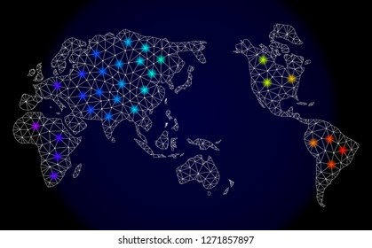 Mesh vector map of Earth with glare effect. Light spots have bright spectrum colors. Abstract lines, triangles, light spots and points on a dark background with map of Earth.