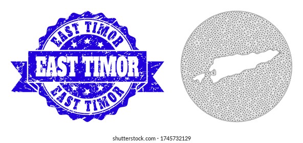 Mesh vector map of East Timor with scratched stamp. Triangular mesh map of East Timor is a hole in a circle. Blue rounded scratched seal with ribbon.