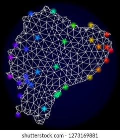 Mesh vector map of Ecuador with glare effect. Light spots have bright rainbow colors. Abstract lines, triangles, light spots and points on a dark background with map of Ecuador.