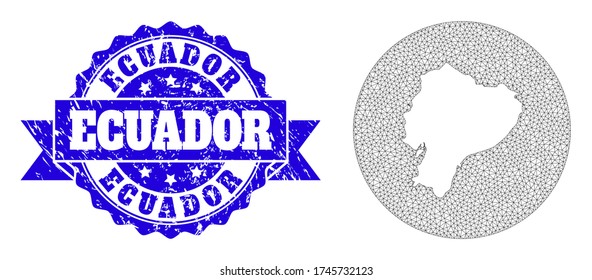 Mapa vectorial de malla de Ecuador con estampado de grunge. El mapa triangular de malla de Ecuador es un agujero en forma redonda. El sello de sellado de grano redondeado azul tiene cinta adhesiva.