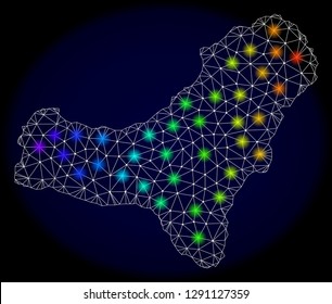 Mesh vector map of El Hierro Island with glare effect on a dark background. Light spots have bright spectrum colors. Abstract lines, triangles, light spots and points forms map of El Hierro Island.