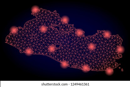 Mesh vector map of El Salvador with glare effect. Red abstract lines, light spots and points on a dark background with map of El Salvador.