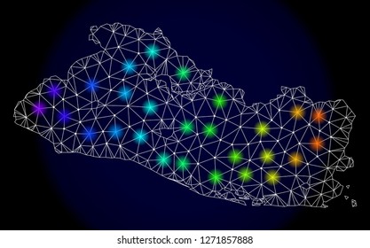 Mesh vector map of El Salvador with glare effect. Light spots have bright spectrum colors. Abstract lines, triangles, light spots and points on a dark background with map of El Salvador.