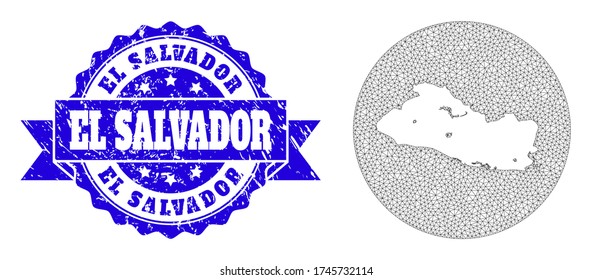 Mesh vector map of El Salvador with scratched seal. Triangle net map of El Salvador is a hole in a circle. Blue rosette textured seal stamp with ribbon.