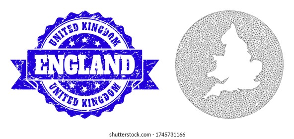 Mesh vector map of England with scratched stamp. Triangular network map of England is inverted in a round shape. Blue round scratched seal stamp with ribbon.