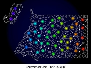 Mesh vector map of Equatorial Guinea with glare effect. Light spots have bright spectrum colors. Abstract lines, triangles, light spots and points on a dark background with map of Equatorial Guinea.