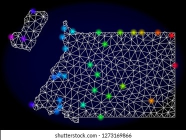 Mesh vector map of Equatorial Guinea with glare effect. Light spots have bright rainbow colors. Abstract lines, triangles, light spots and points on a dark background with map of Equatorial Guinea.