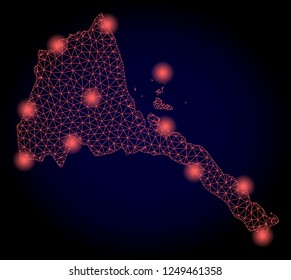 Mesh vector map of Eritrea with glare effect. Red abstract lines, light spots and points on a dark background with map of Eritrea.