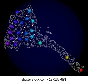 Mesh vector map of Eritrea with glare effect. Light spots have bright spectrum colors. Abstract lines, triangles, light spots and points on a dark background with map of Eritrea.