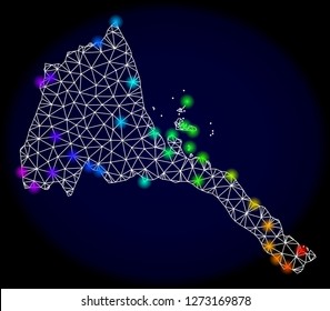 Mesh vector map of Eritrea with glare effect. Light spots have bright spectrum colors. Abstract lines, triangles, light spots and points on a dark background with map of Eritrea.