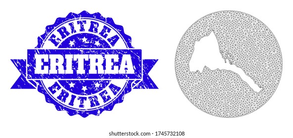 Mesh vector map of Eritrea with scratched watermark. Triangular mesh map of Eritrea is stencils in a round shape. Blue round scratched watermark with ribbon.