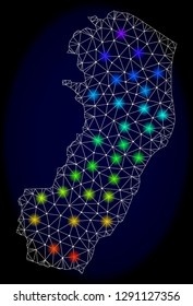Mesh vector map of Espirito Santo State with glare effect on a dark background. Light spots have bright spectrum colors. Abstract lines, triangles,