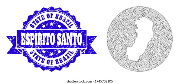 Mesh vector map of Espirito Santo State with scratched seal stamp. Triangle mesh map of Espirito Santo State is subtracted from a circle. Blue rosette scratched seal stamp with ribbon.