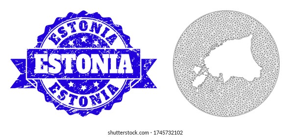 Mesh vector map of Estonia with grunge seal. Triangle mesh map of Estonia is cut out from a round shape. Blue round grunge seal stamp with ribbon.