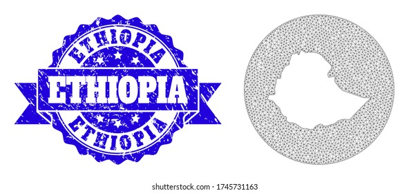 Mesh vector map of Ethiopia with grunge seal. Triangle mesh map of Ethiopia is a hole in a round shape. Blue rounded grunge seal with ribbon.