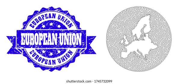 Mesh vector map of Euro Union with scratched watermark. Triangle mesh map of Euro Union is a hole in a circle. Blue round scratched watermark with ribbon.